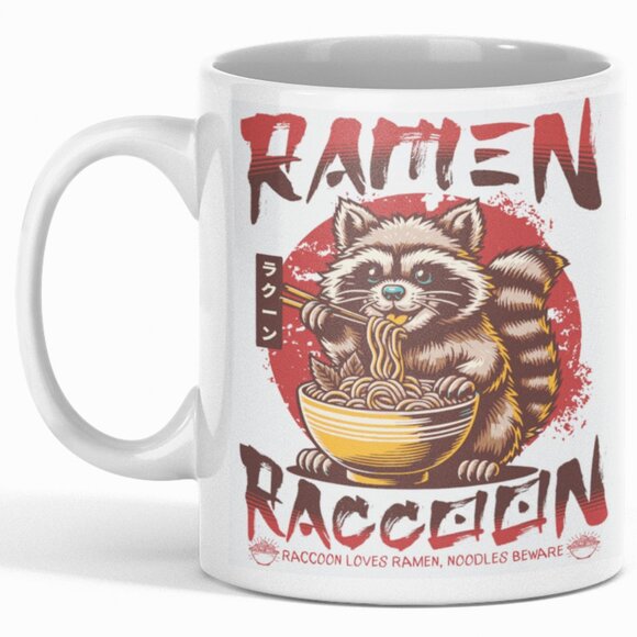 Racoon eating Ramen Noodles Double-Sided Ceramic Coffee Mug - Picture 3 of 4